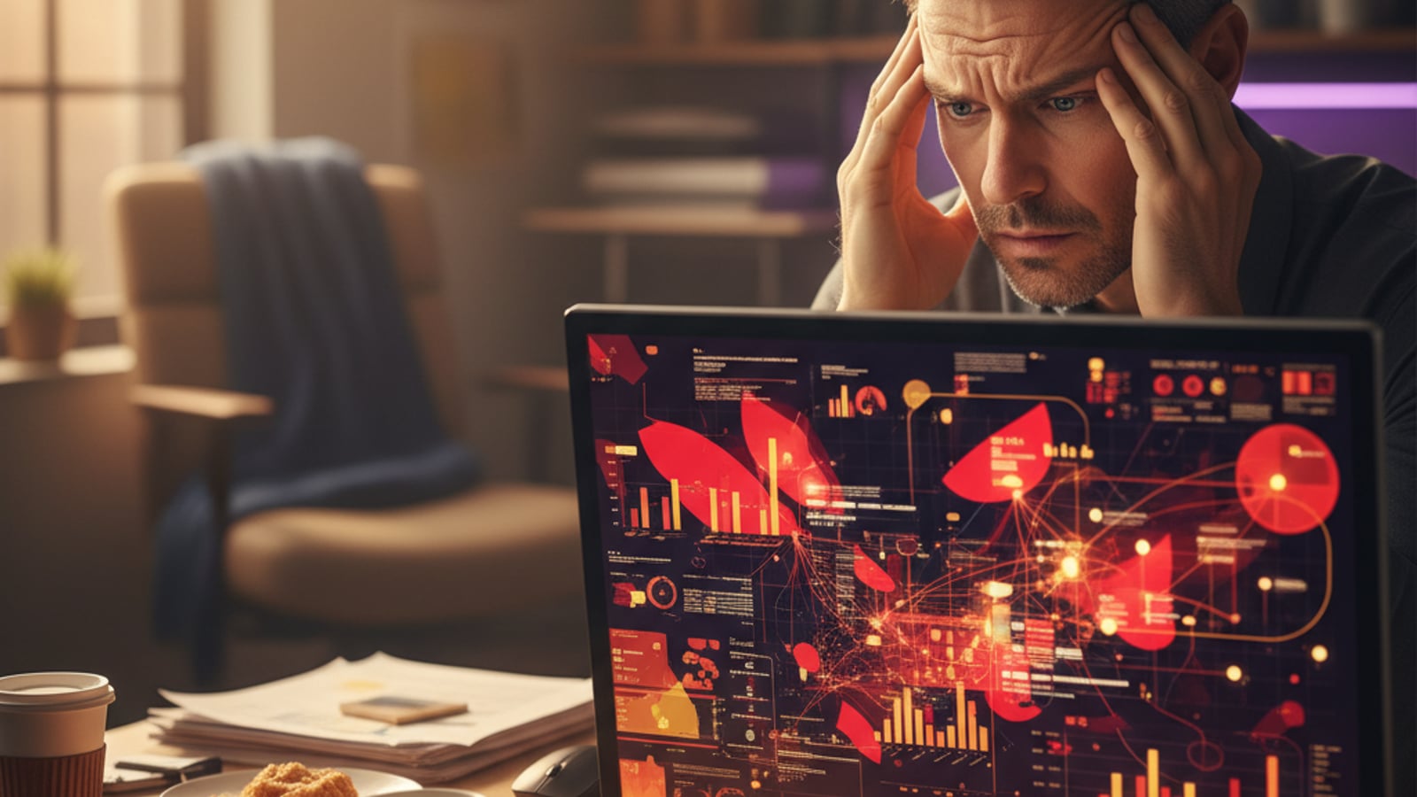 A stressed CTO reviews a chaotic digital dashboard with abstract cost data, showing challenges for AI product startups.