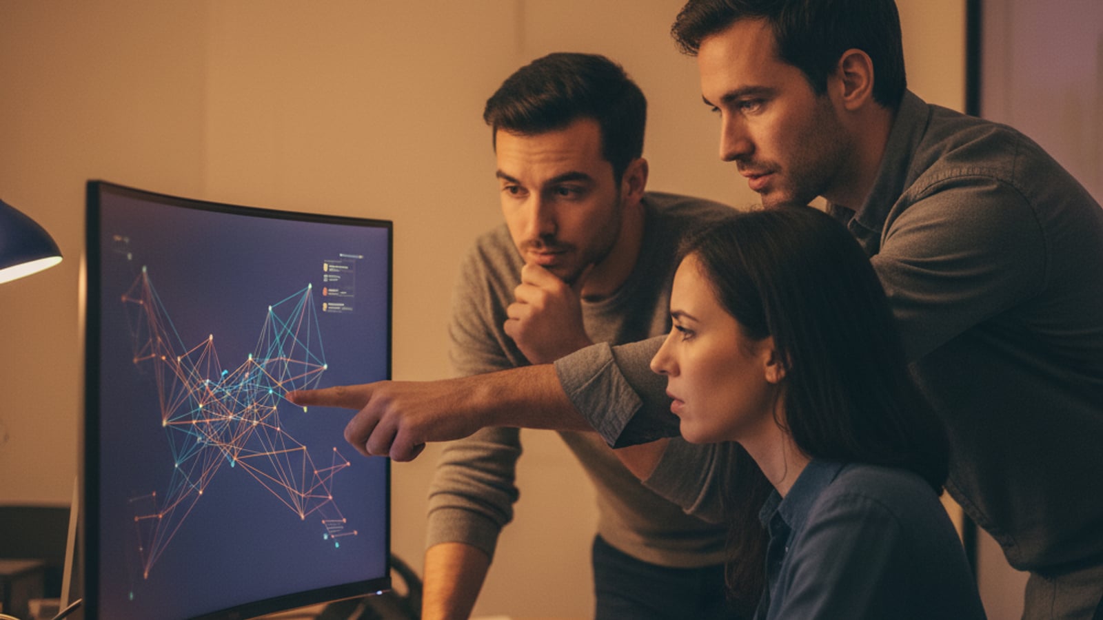 A focused team of engineers collaborates on abstract data flow diagrams, showcasing senior engineering for AI.