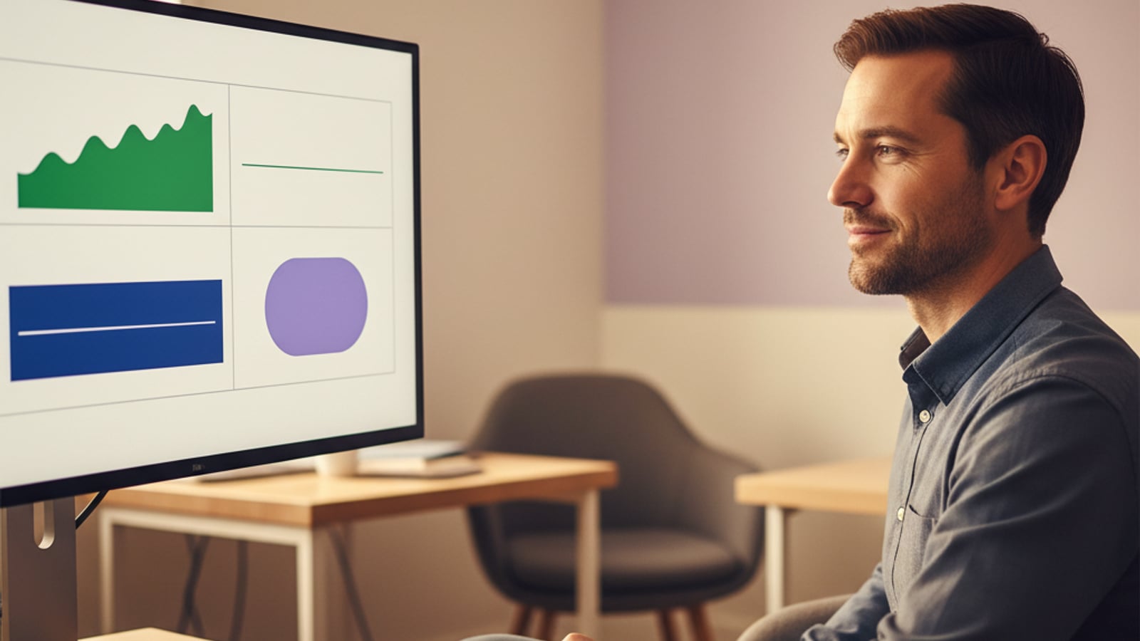 A confident CTO reviews a clean dashboard with positive margin visualizations, reflecting senior engineering for AI.