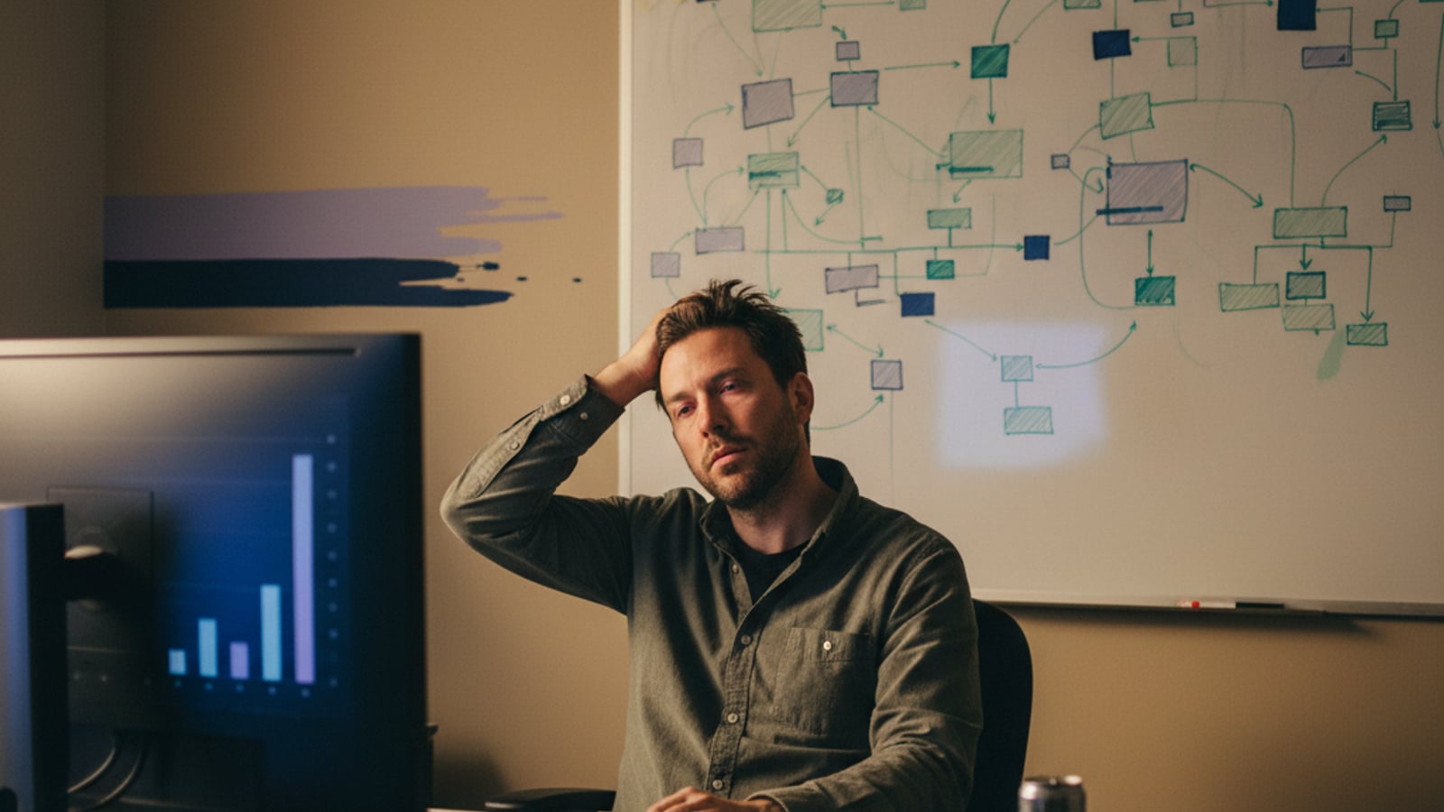 A stressed technical founder surrounded by chaotic abstract diagrams on whiteboards, reflecting B2B SaaS startup engineering challenges.