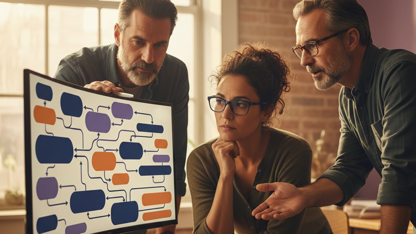 A focused team of senior engineers collaborating on a complex, colorful data flow diagram for a B2B SaaS startup.