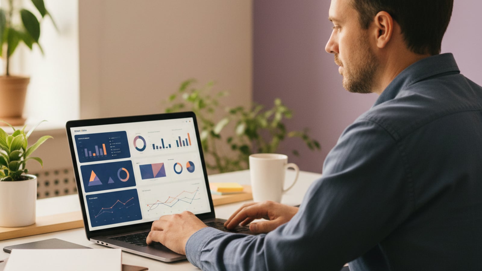 A confident technical founder viewing a clean, color-blocked dashboard, reflecting successful senior engineering for B2B SaaS startups.