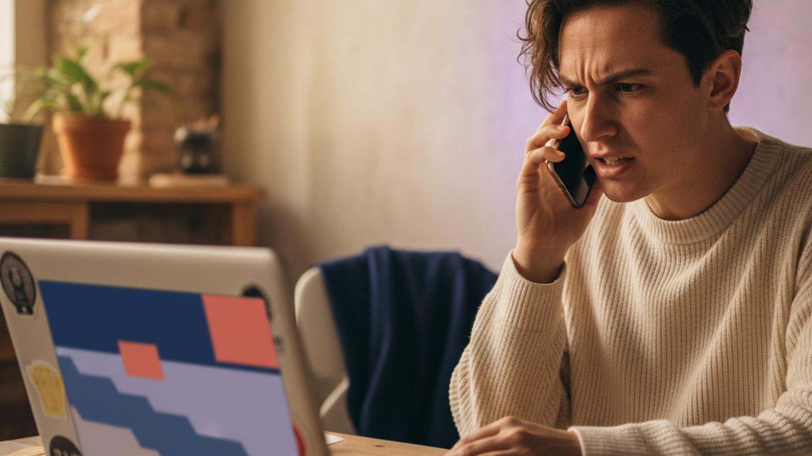 A creator looks distressed, on the phone, looking at a laptop with a financial dashboard showing a negative balance. Senior engineering for creator economy saas prevents these payout errors.