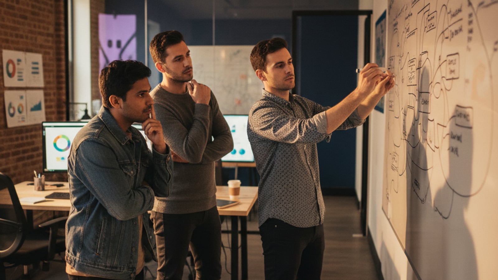Engineers collaborate at a whiteboard, sketching abstract system architecture. Senior engineering for creator economy saas designs robust payout and access systems.
