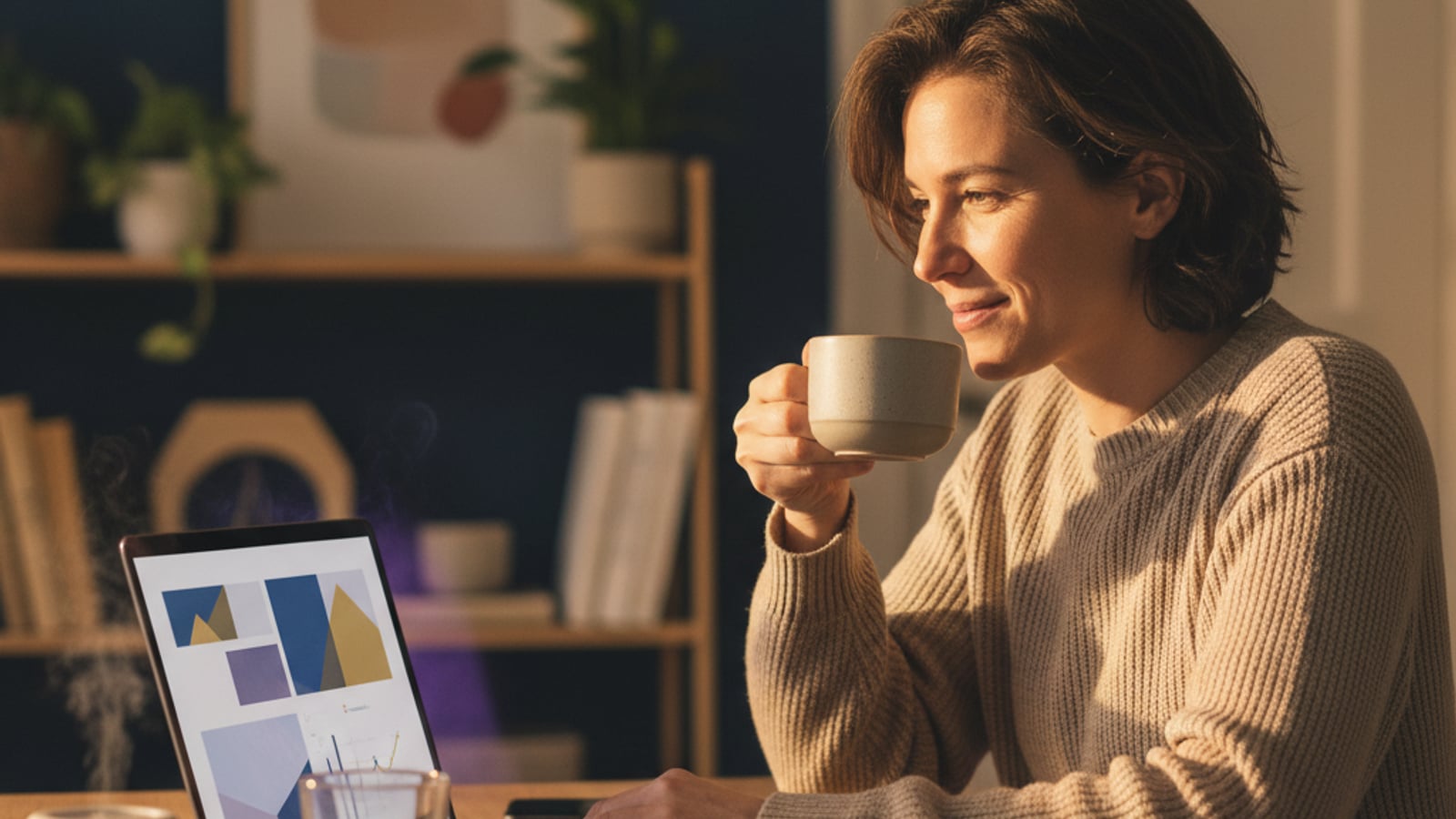 A creator sips coffee, smiling at a laptop with a clear financial dashboard. Senior engineering for creator economy saas ensures smooth, timely payouts.
