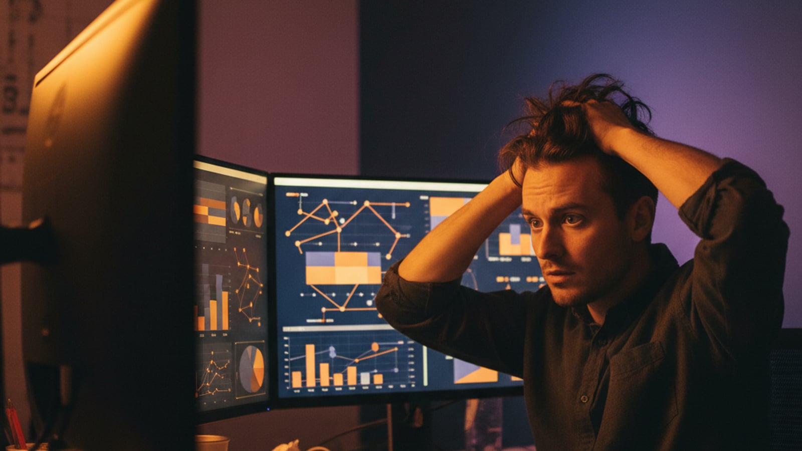 A stressed CTO, face lit by screens with complex, abstract data, reflecting overwhelming senior engineering for marketplace startups.