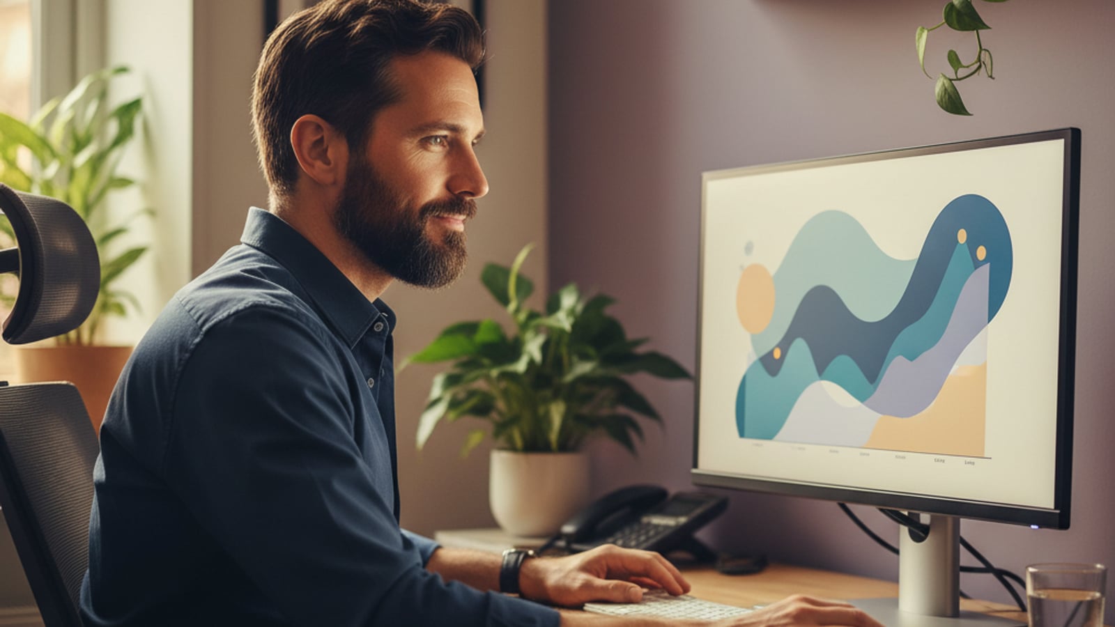 A calm technical founder reviews a clean dashboard with positive trends, showing outcomes of senior engineering for marketplace startups.