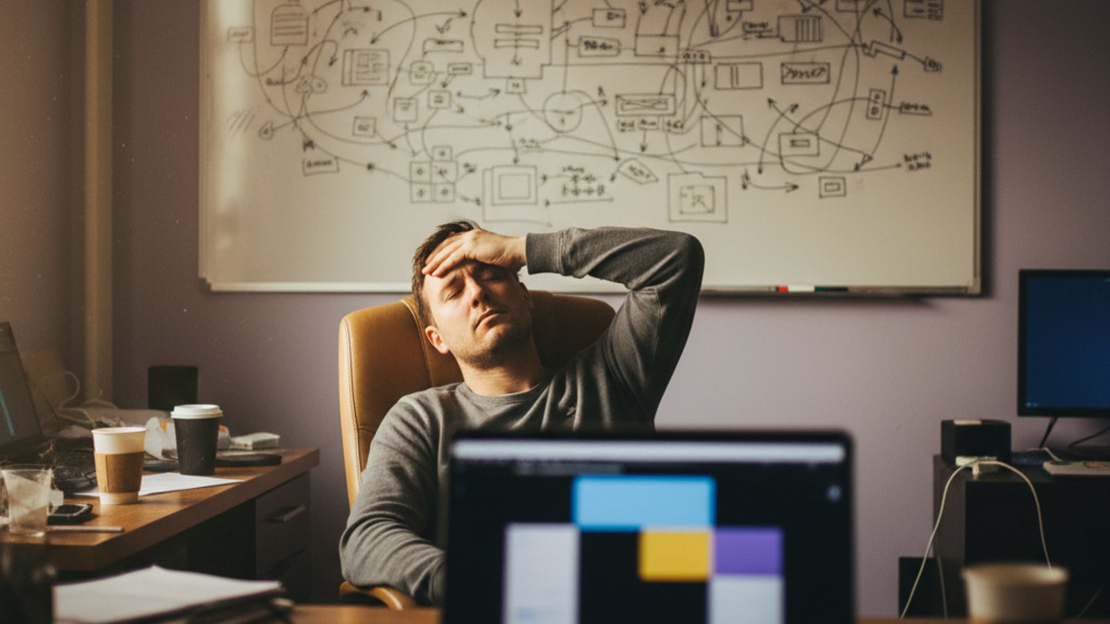 A stressed technical founder in a cluttered office, contemplating a complex whiteboard with abstract diagrams. Captures the pain of senior engineering for telehealth SaaS.