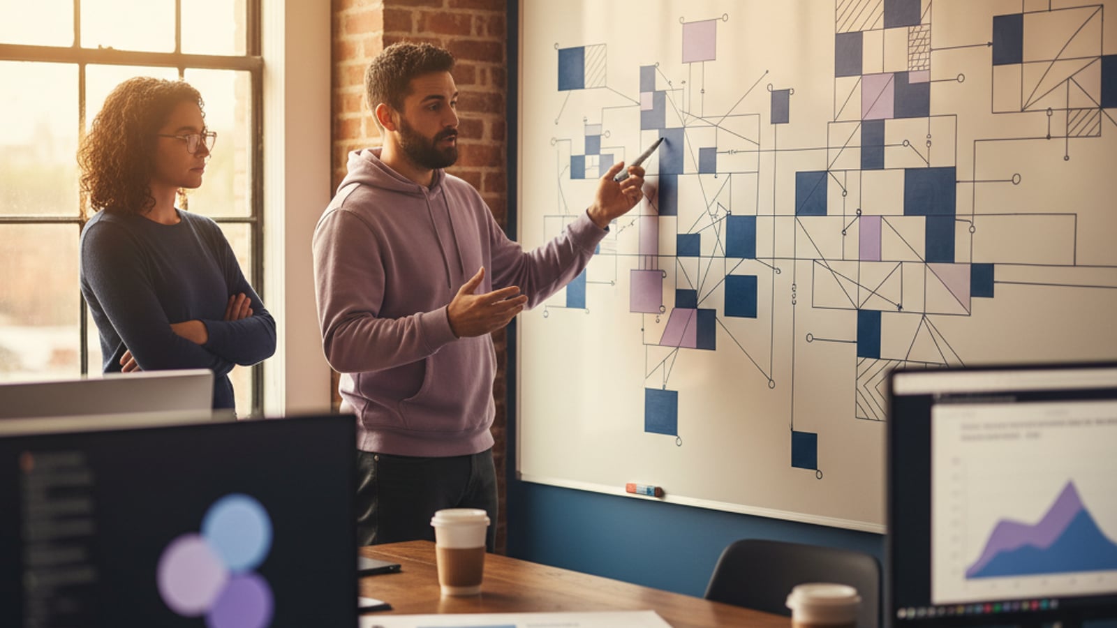 Three engineers collaborate at a whiteboard, sketching abstract system architecture. Essential work for senior engineering for telehealth SaaS.