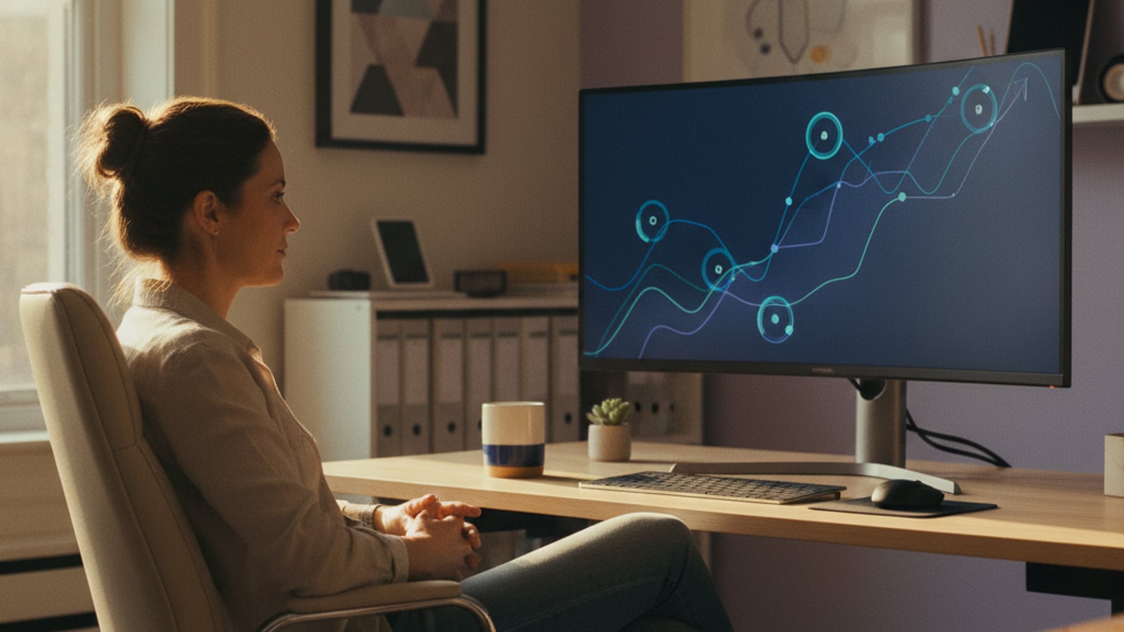 A confident technical founder reviews a clear, abstract dashboard showing positive system health. The outcome of senior engineering for telehealth SaaS.