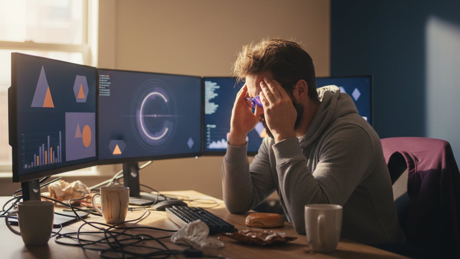 A frustrated developer rubs their temples, surrounded by multiple screens showing abstract login forms, struggling with cross app SSO challenges.
