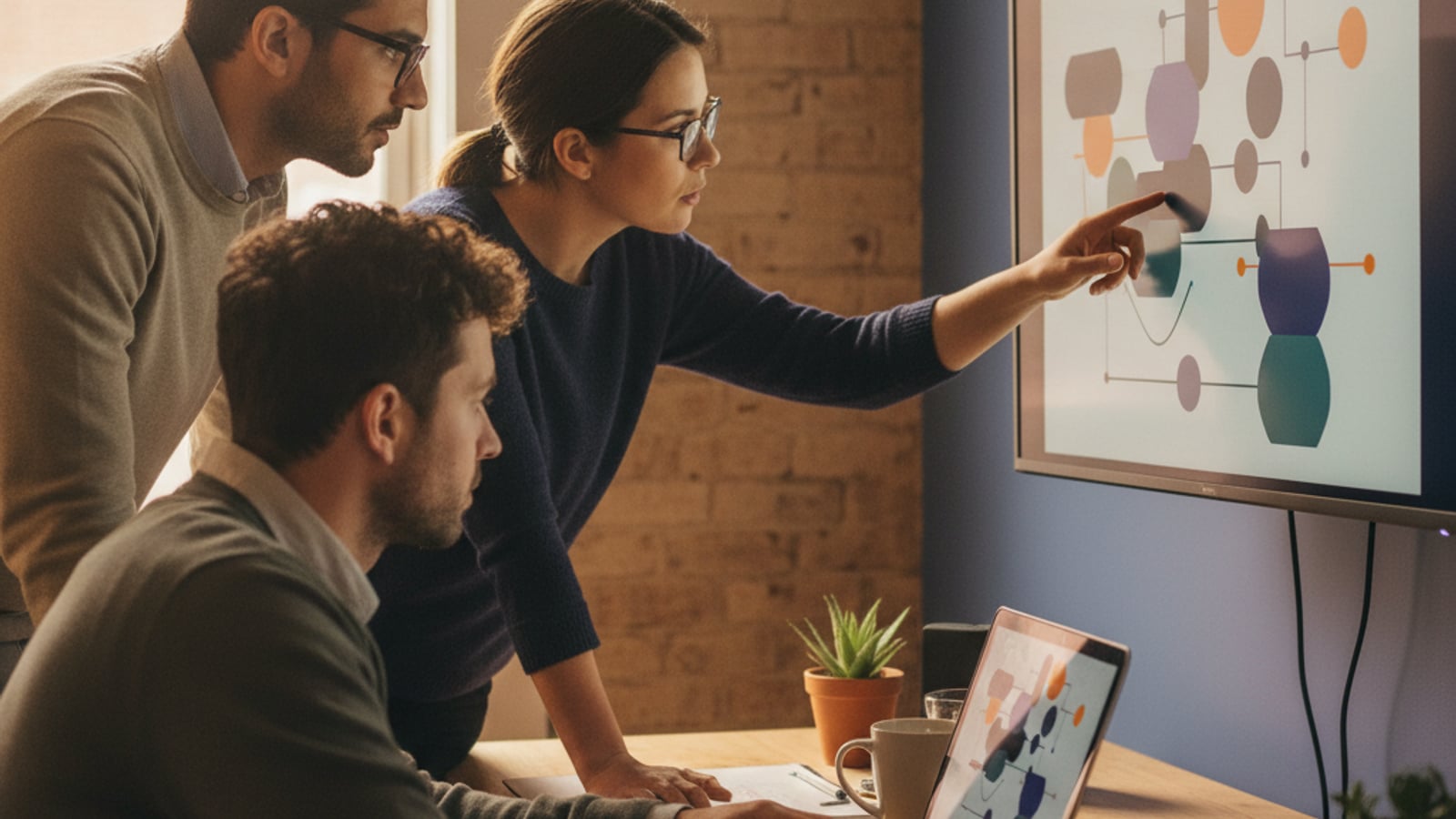 Three engineers collaborate, discussing a complex, colorful architectural diagram on a large monitor, designing a robust cross app SSO solution.