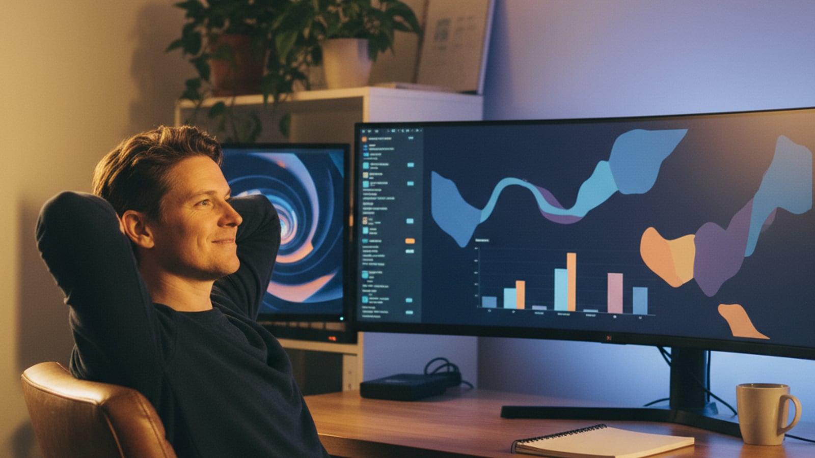 A confident developer smiles, leaning back in their chair, viewing a clean, color-coded dashboard, reflecting a stable cross app SSO system.