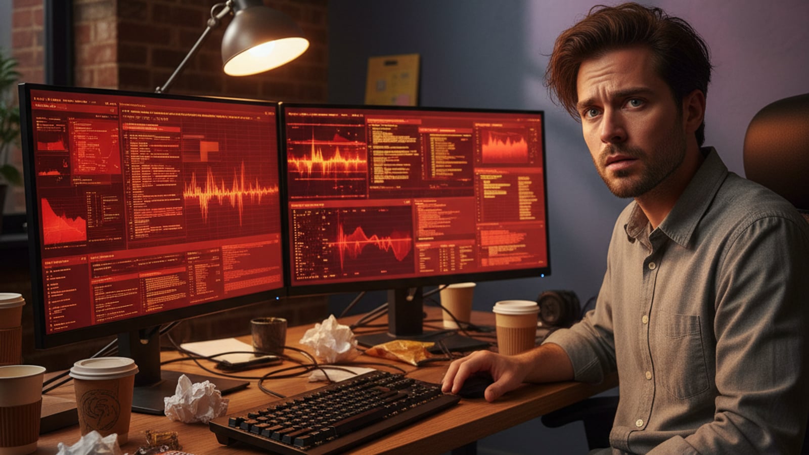 A stressed engineer at a messy desk, illuminated by monitors showing abstract red error patterns, grappling with LLM agent failures.