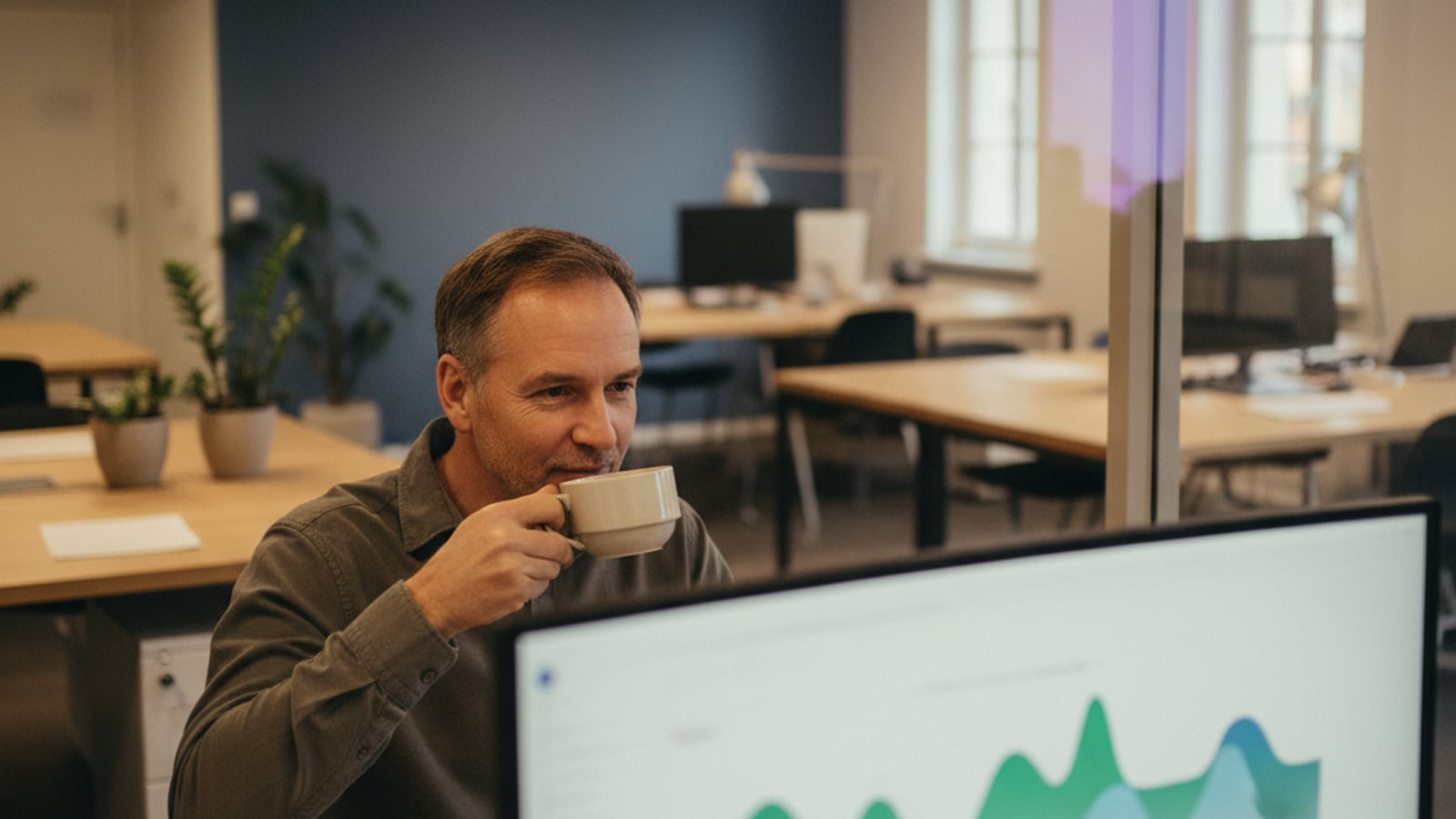 A calm CTO reviews a clean, abstract dashboard with green and blue metrics, confident in a stable LLM agent tool call retry system.
