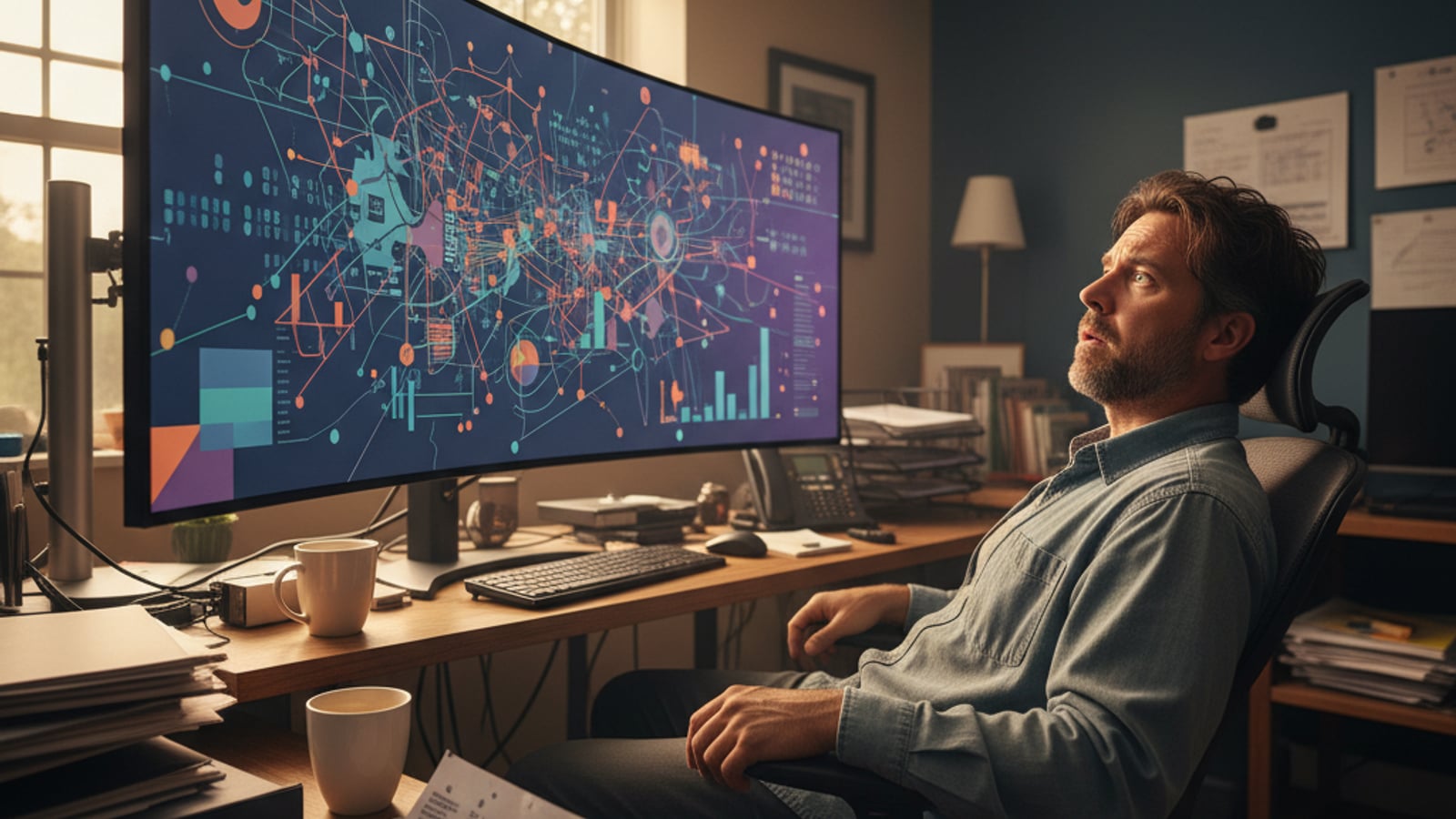 A technical founder stares frustrated at a complex monitor display, a crumpled paper nearby, struggling with llm cost attribution per customer.