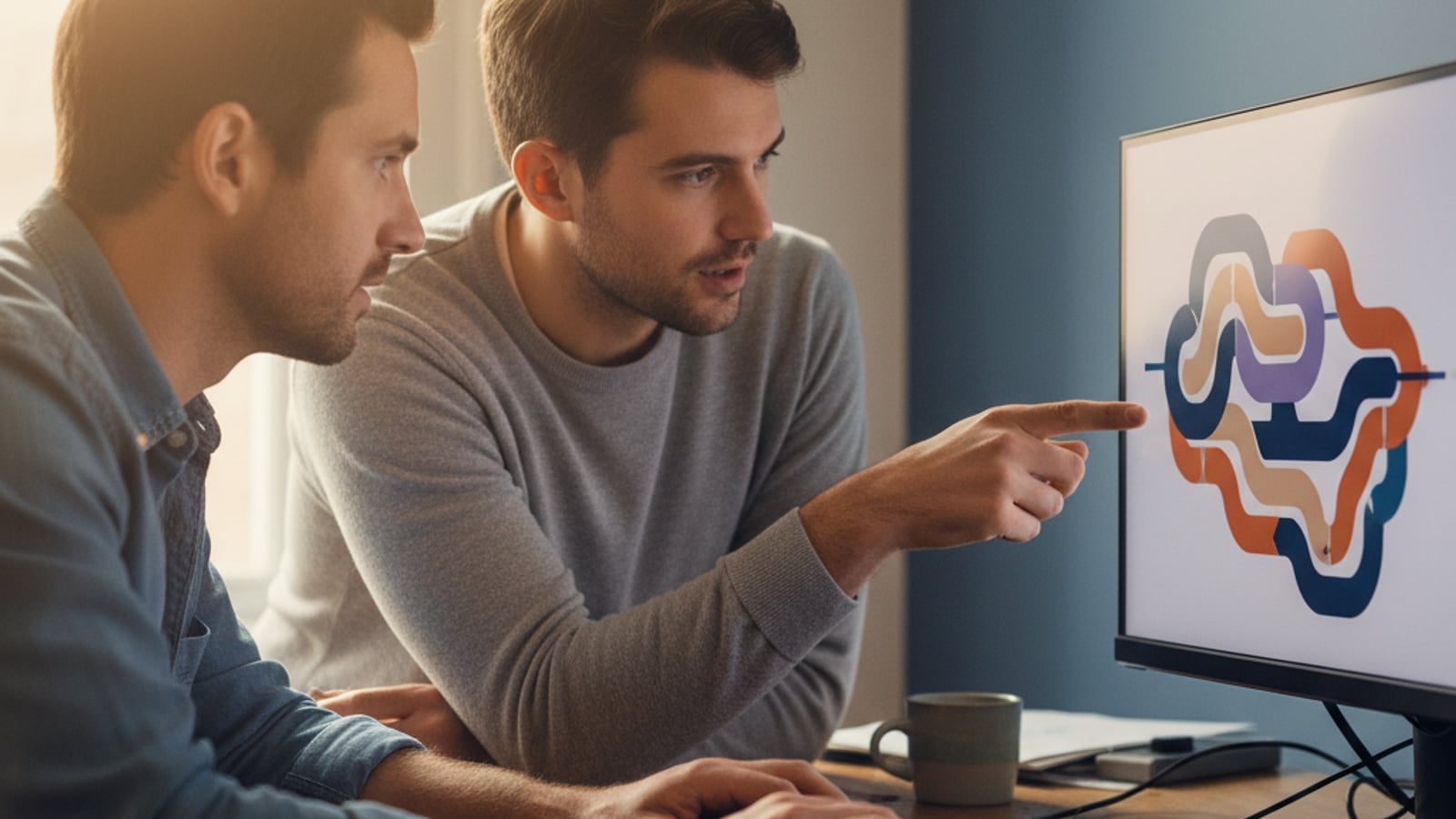 Two engineers collaborate intently, one at a keyboard, the other pointing at an abstract data flow on a monitor, building a postgres solution.