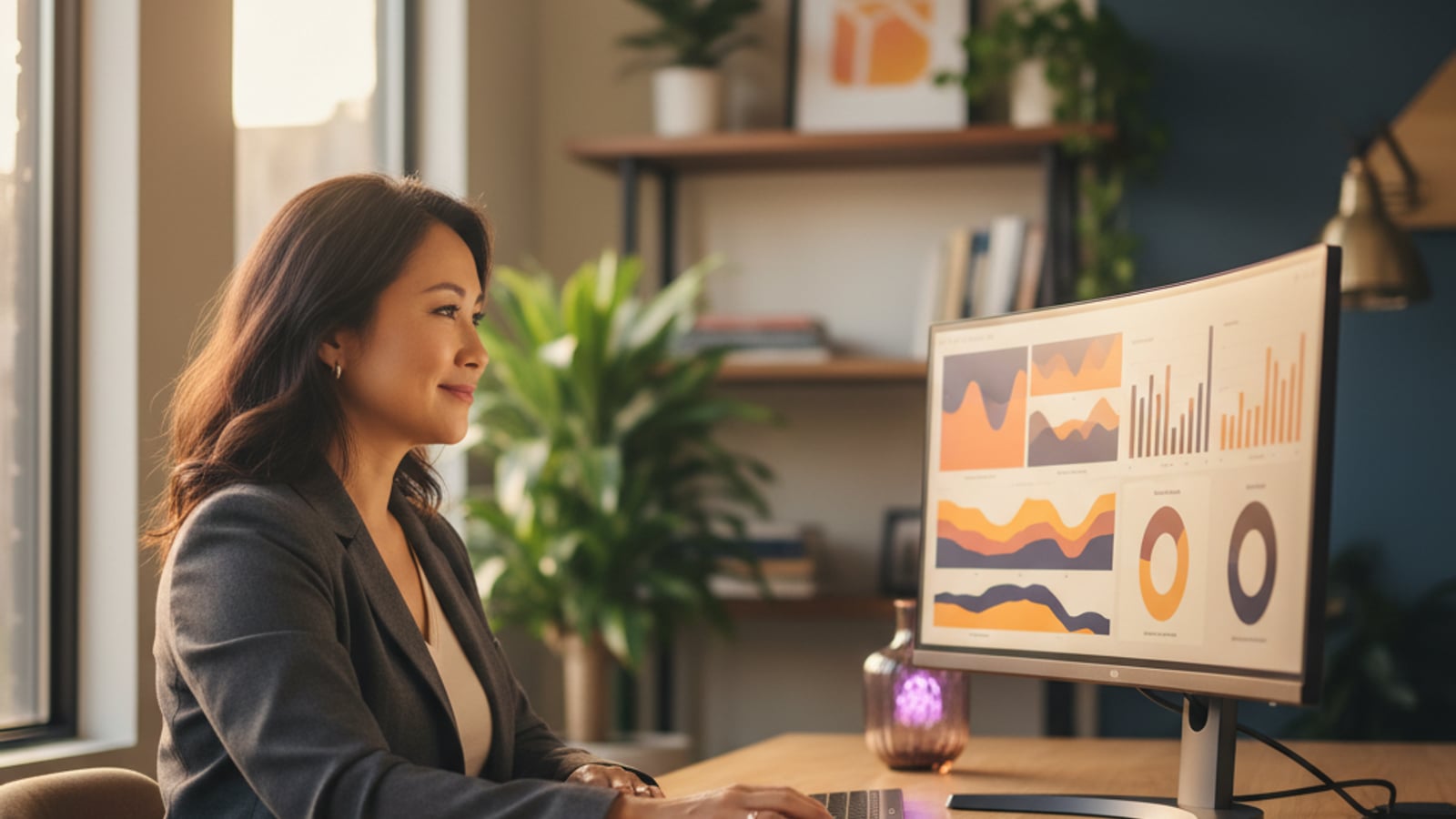 A confident technical leader reviews a clean, color-coded dashboard on a monitor, clearly showing llm cost attribution per customer.