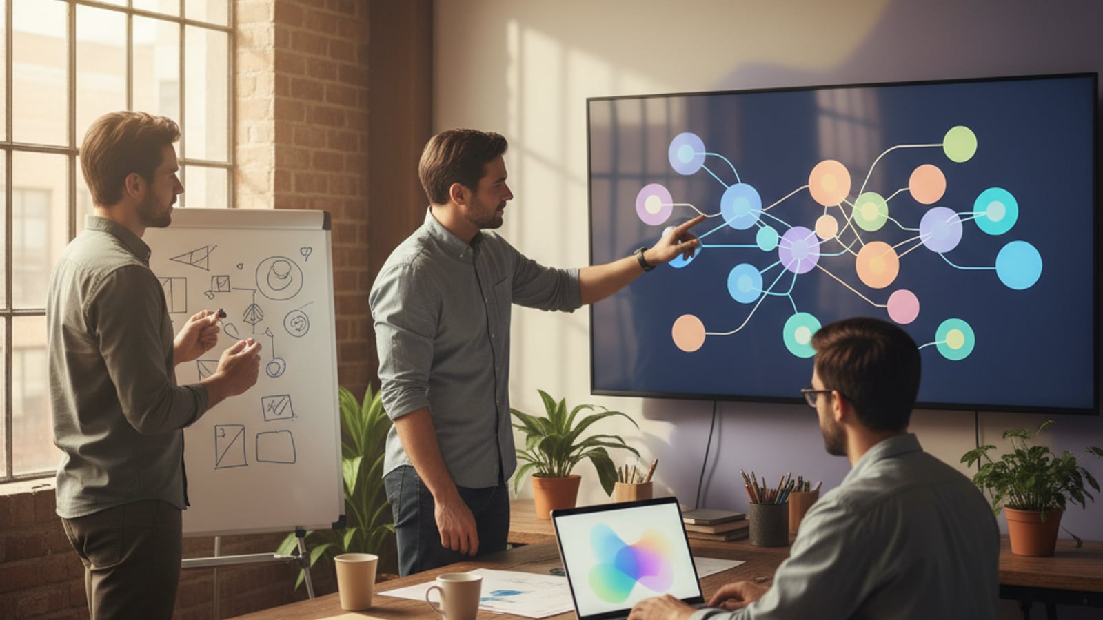 Three engineers collaborate, tracing abstract shapes on a large screen, building an effective LLM model fallback chain runtime.