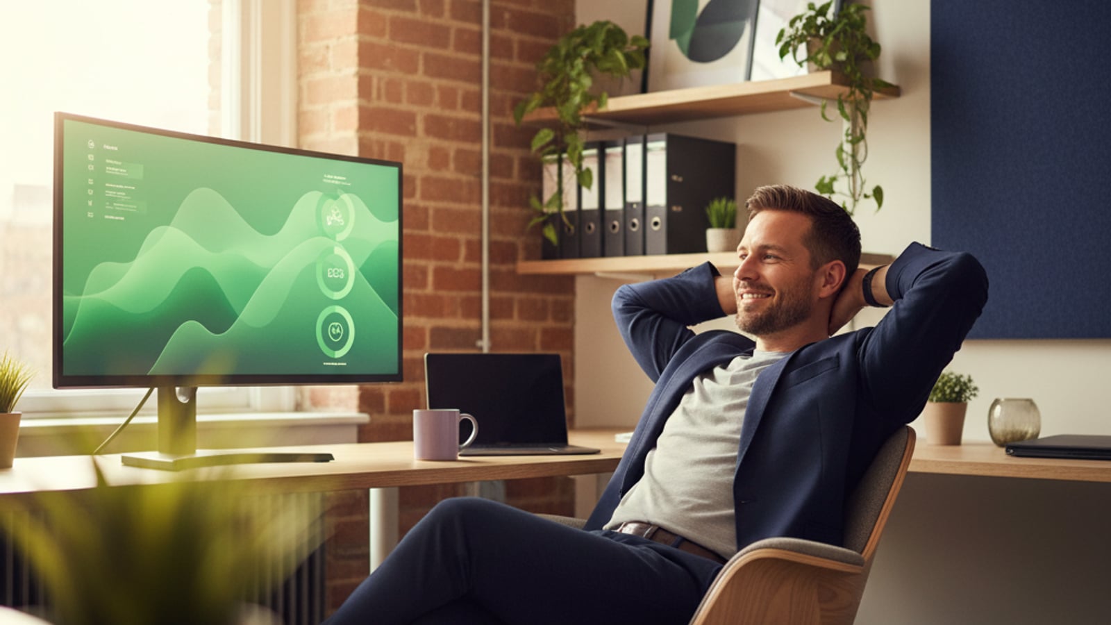 A confident CTO smiles, viewing a dashboard with green charts, signifying a successful LLM model fallback chain runtime SaaS.