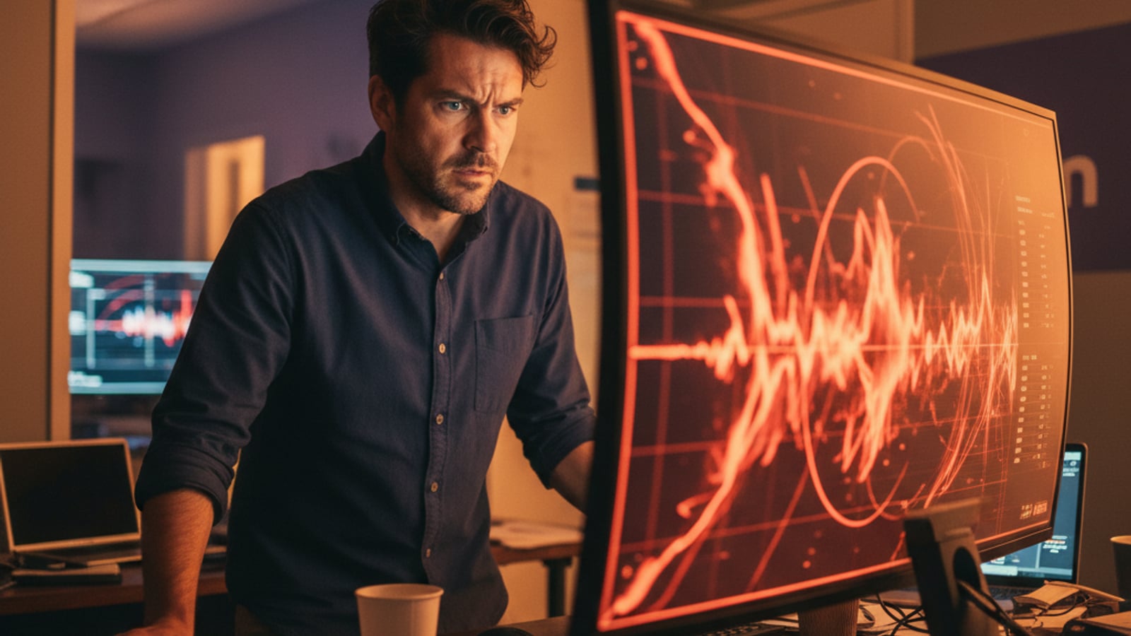 A stressed CTO with a furrowed brow stares at a large monitor displaying abstract red and orange performance graphs, indicating an LLM regression.