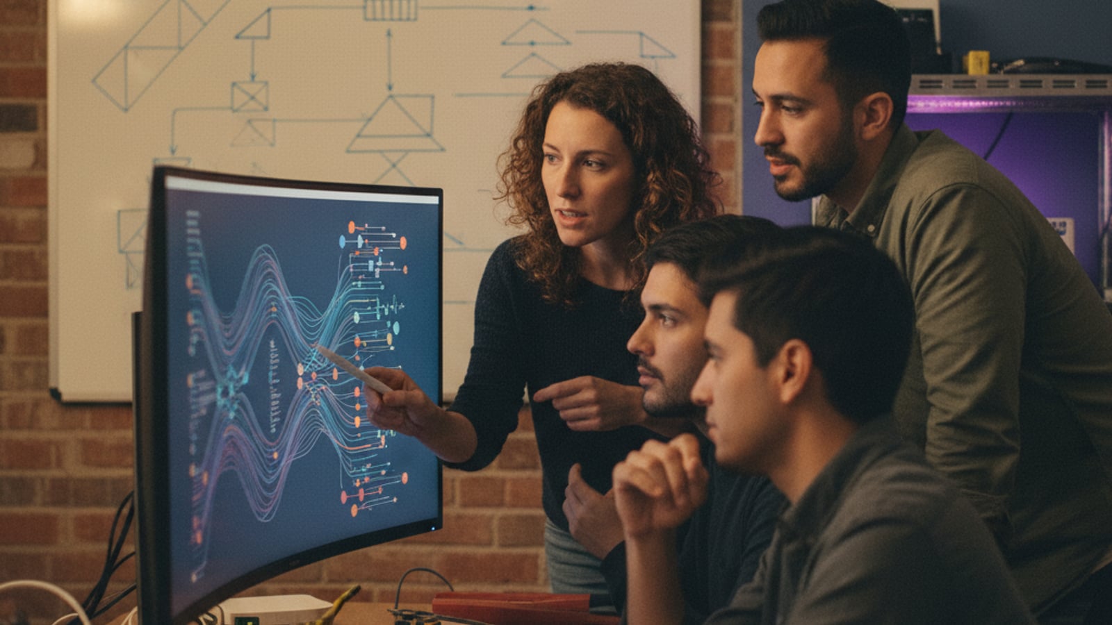 Three engineers collaborate closely, one pointing at abstract code on a monitor, discussing an LLM prompt versioning eval harness architecture.