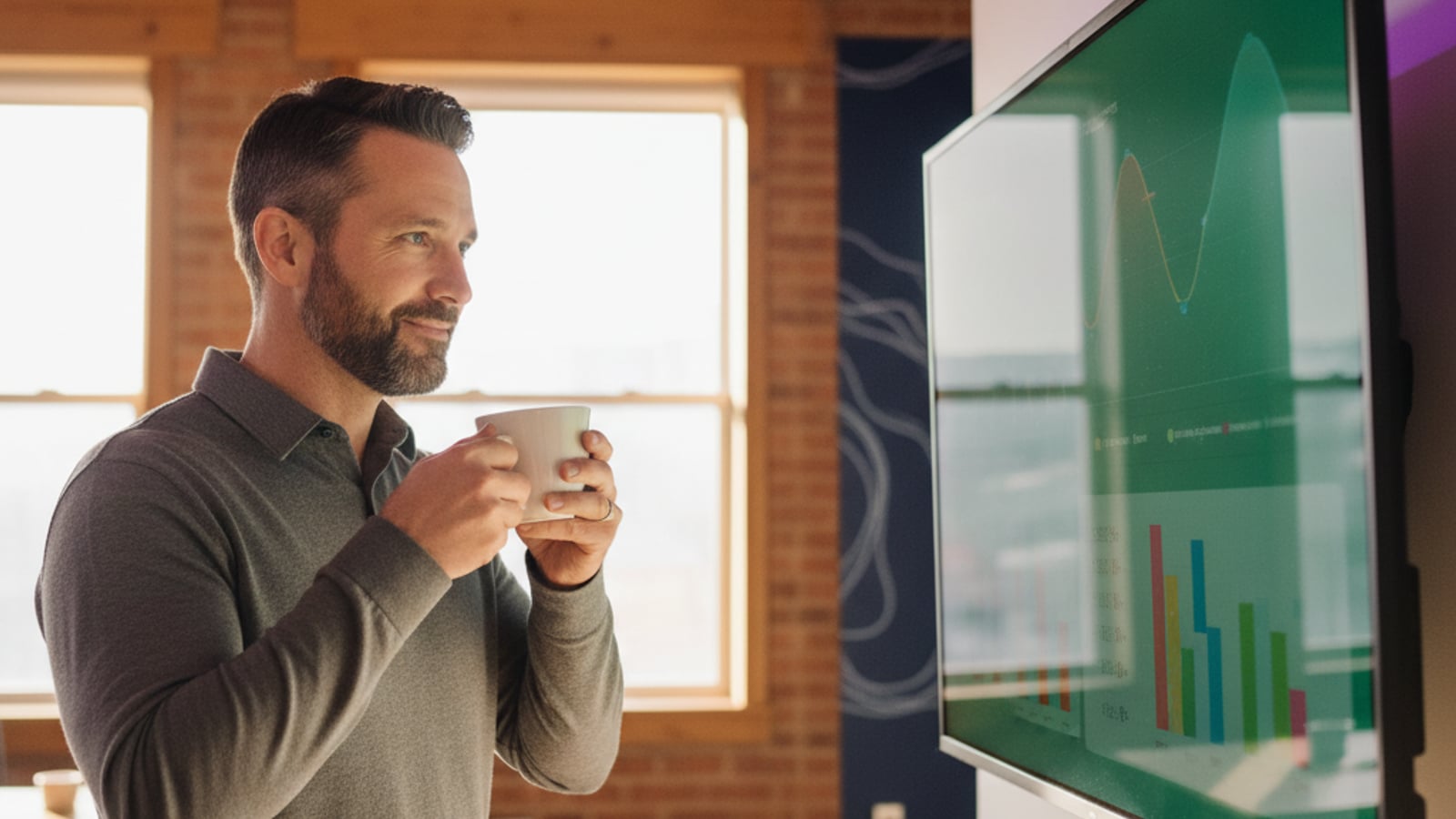 A confident CTO smiles, viewing a large monitor showing stable, green-themed LLM prompt versioning evaluation metrics. A quiet office scene.