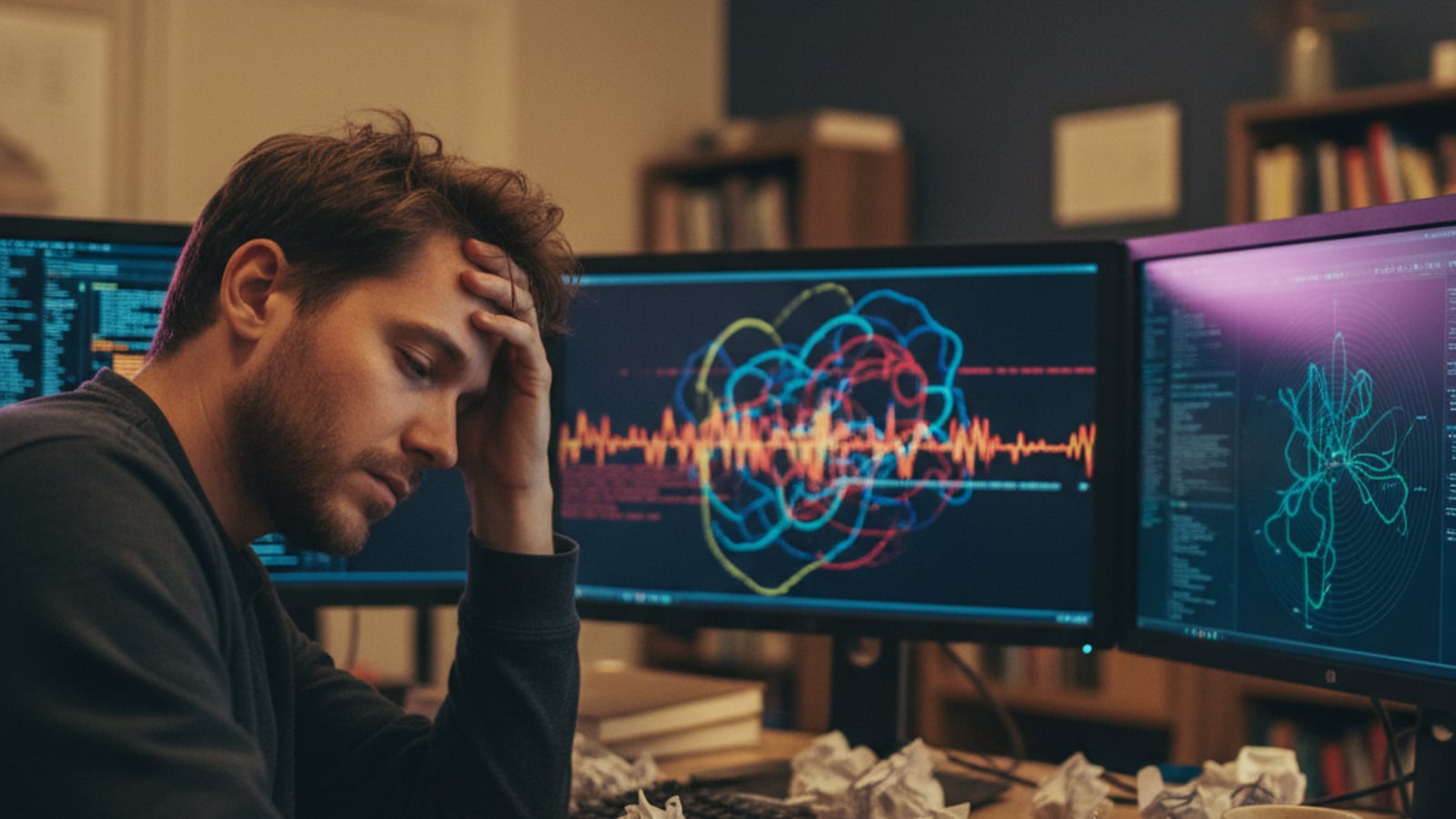A frustrated engineer grappling with complex data visualizations, highlighting challenges in multi tenant postgres search isolation.