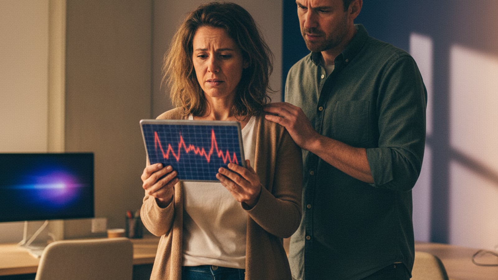 A concerned startup founder reviews a tablet with a blurred, alarming data visualization, highlighting a critical multi tenant data bleed.