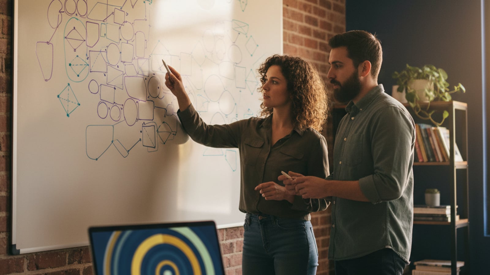 Two engineers collaborate intently at a whiteboard with abstract shapes, designing robust multi tenant database isolation policies.