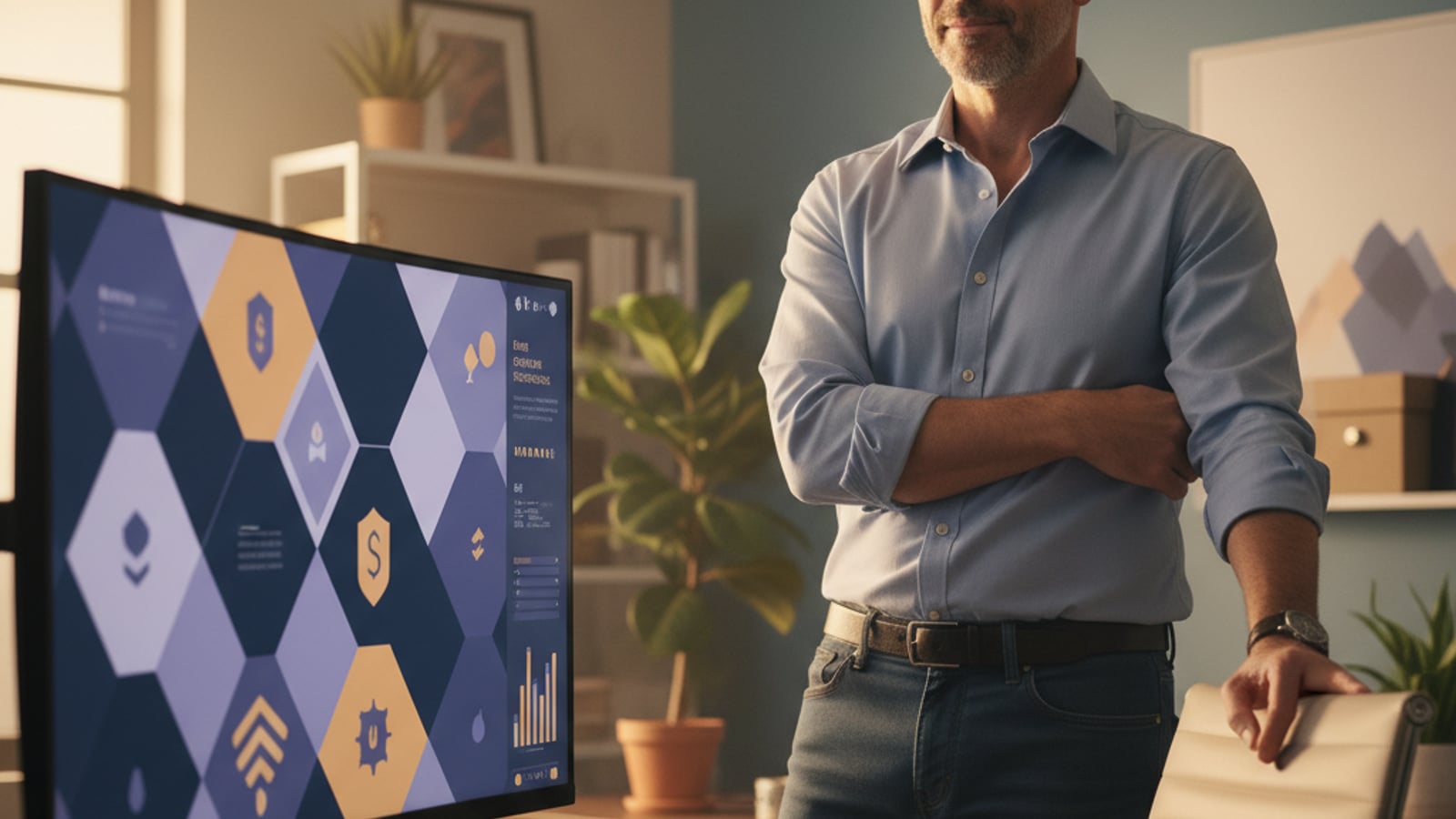A confident CTO observes a clean, abstract security dashboard on a large monitor, reflecting robust multi tenant supabase RLS.