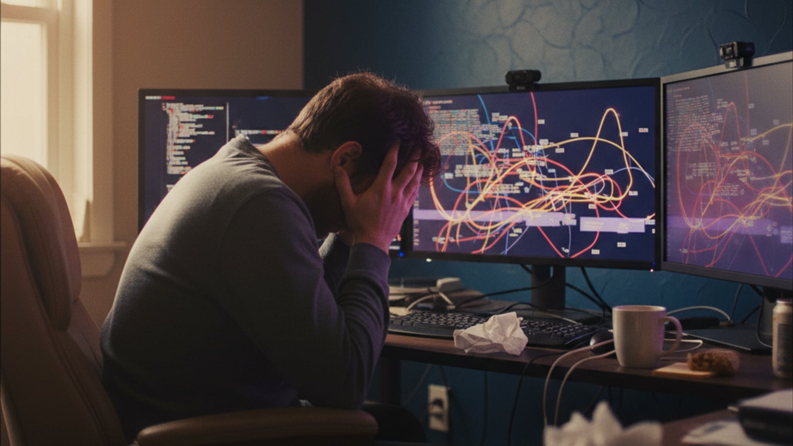 A stressed technical founder, head in hands, facing monitors with abstract error visuals, grappling with n8n state machine extraction to typescript challenges.