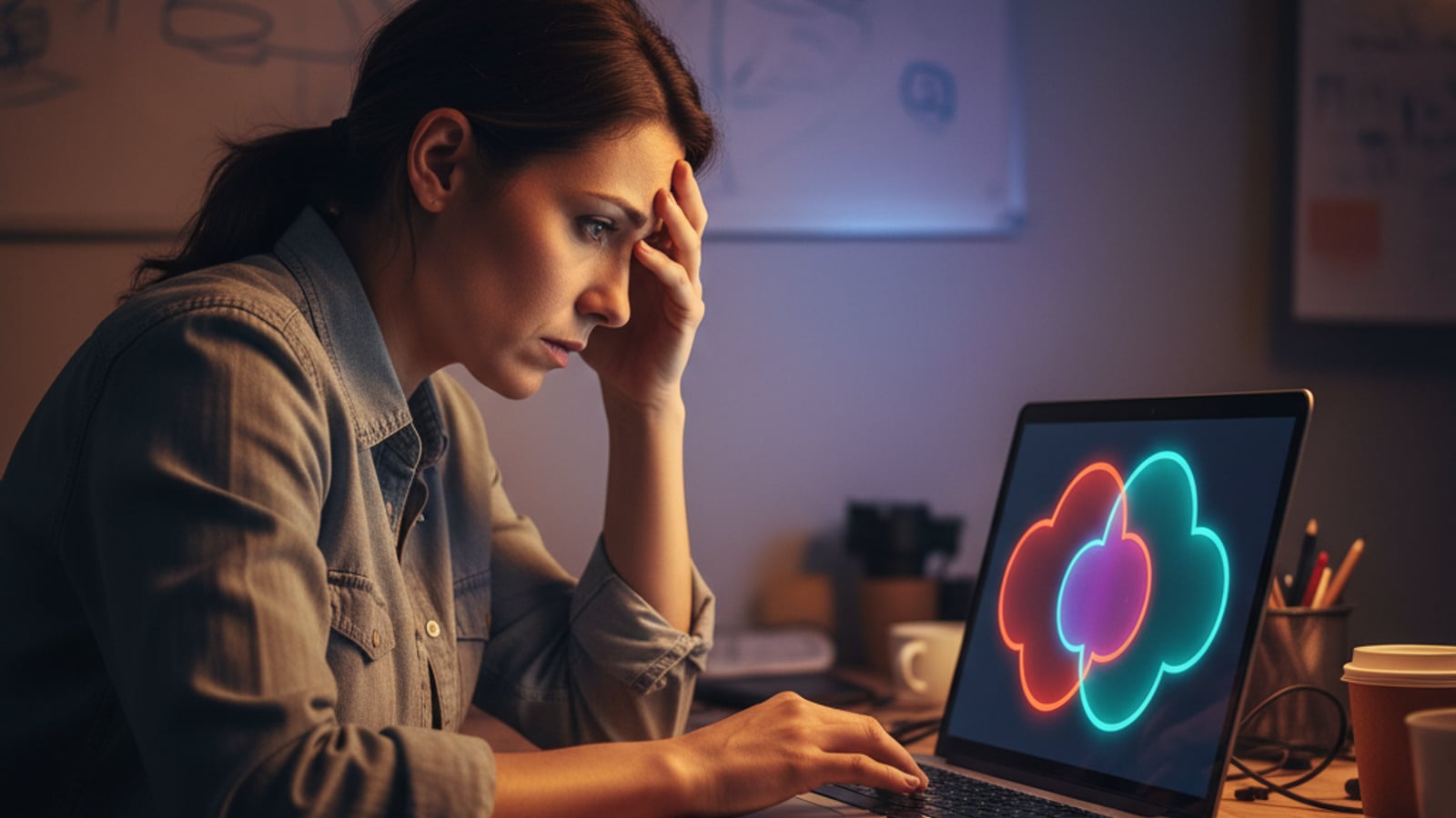A stressed CTO peers at a laptop showing overlapping data visualizations, representing a cross-tenant retrieval leak and data exposure.