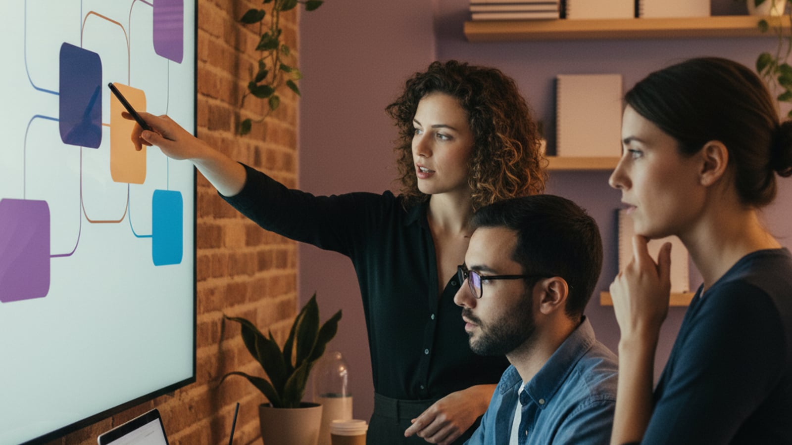 Three engineers collaborate, pointing at a whiteboard with abstract block diagrams illustrating effective RAG namespace isolation for multi-tenant systems.
