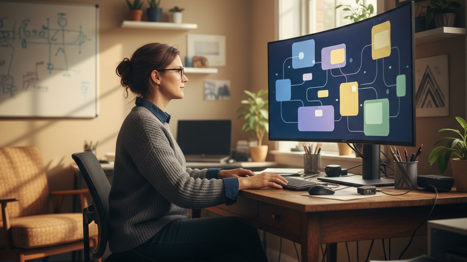 A confident technical founder views a monitor with a clean, segmented dashboard, visualizing secure multi-tenant RAG data isolation with distinct color blocks.