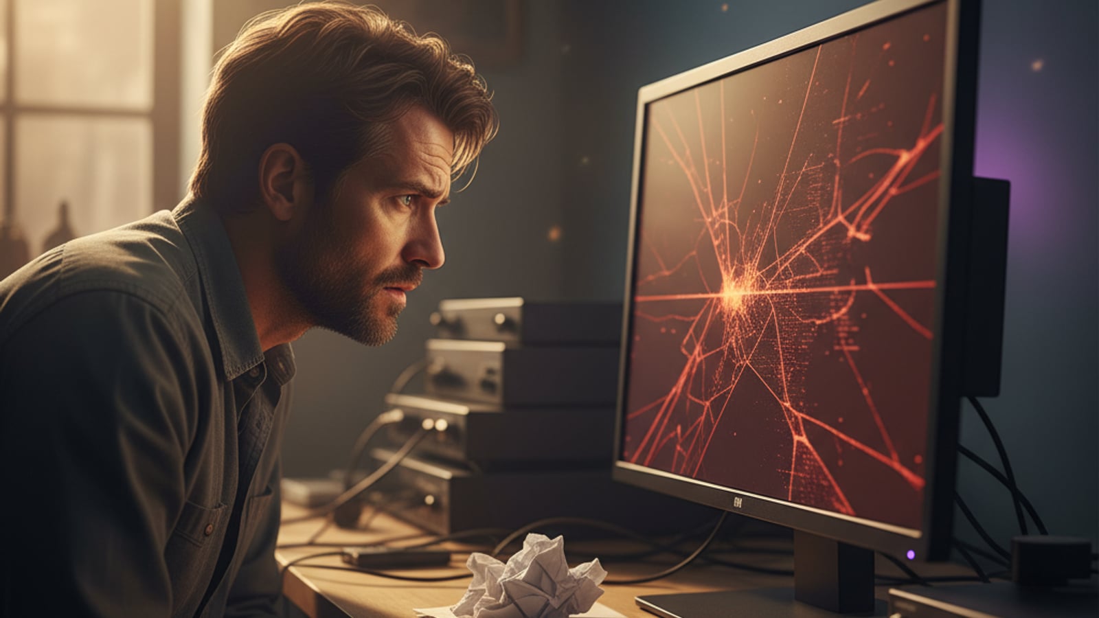 A stressed engineer stares at a monitor displaying fragmented, red-toned data, grappling with a potential row level security test pattern postgres leak.