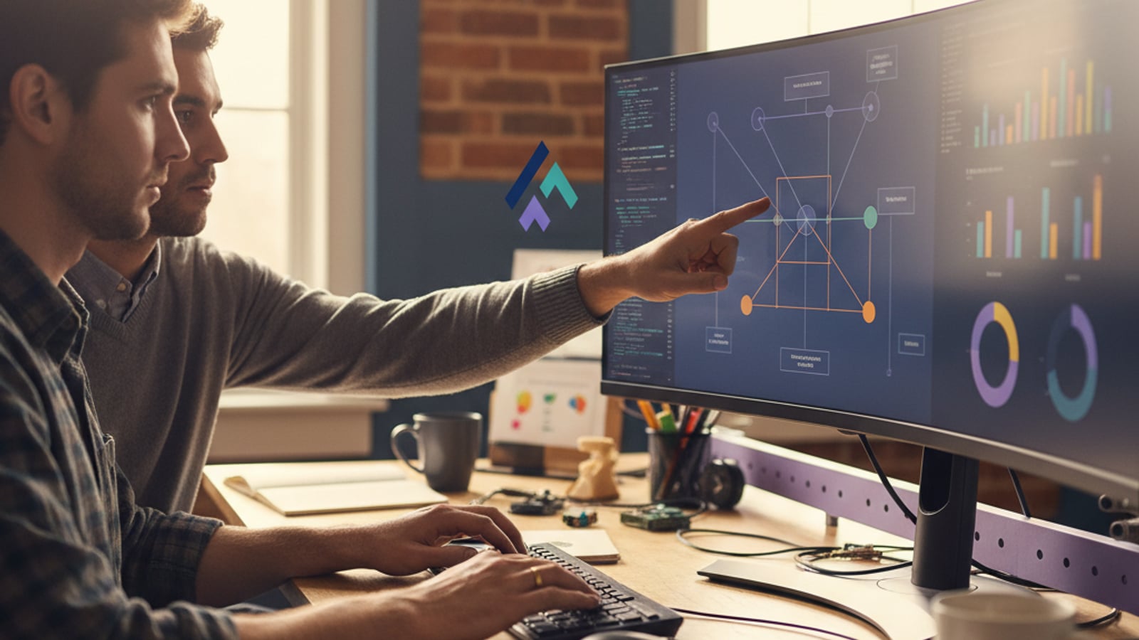 Two engineers collaborate, one typing, the other pointing at a monitor with abstract data flows, implementing a row level security test pattern postgres.