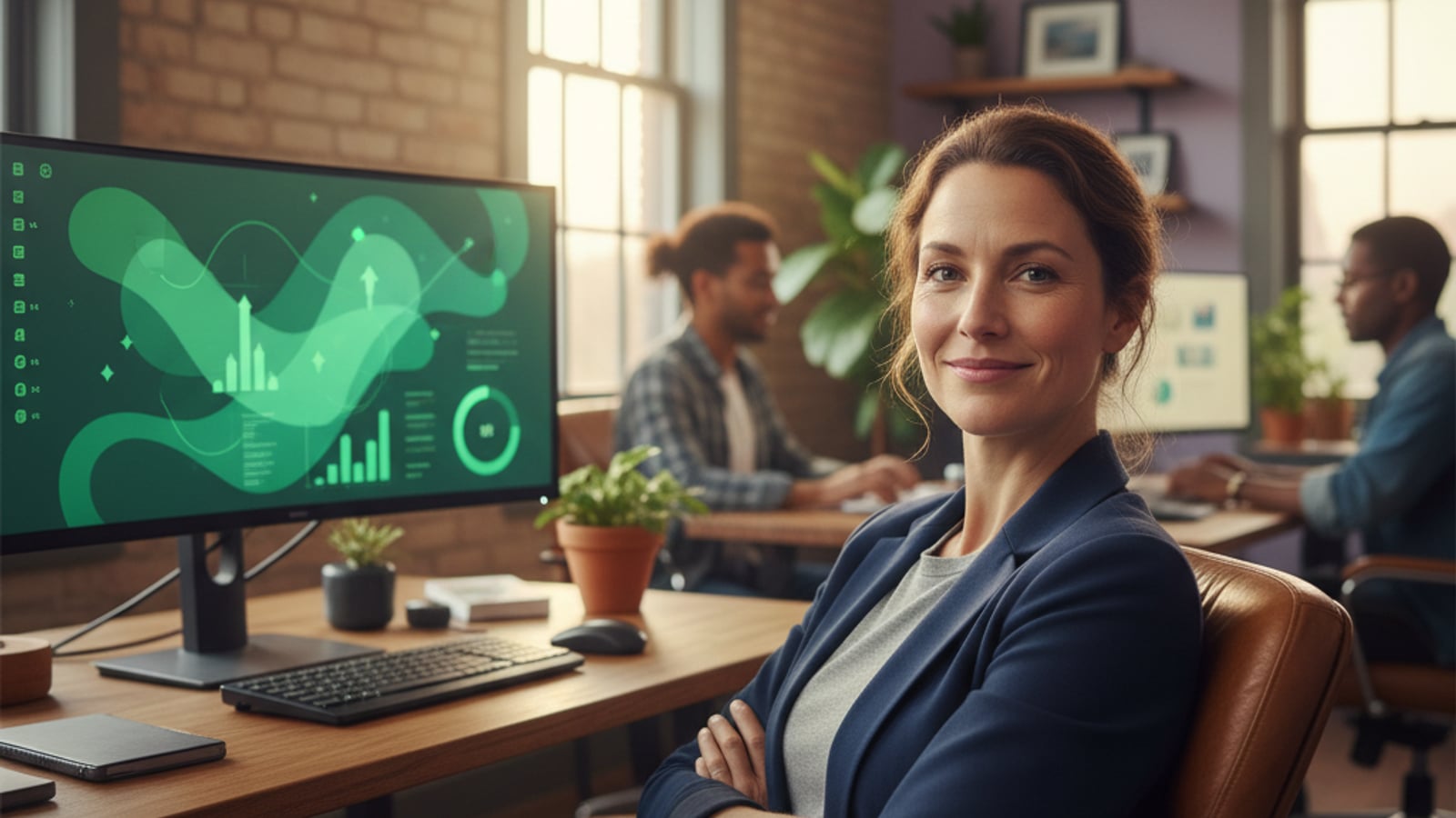 A confident CTO smiles in a calm office, a green-themed dashboard on a monitor reflects successful row level security test pattern postgres.