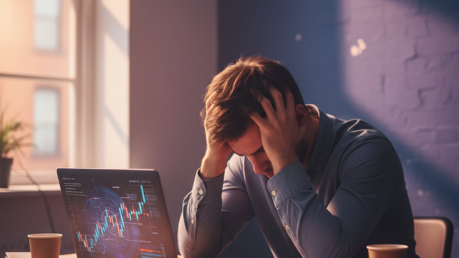 A startup CTO stares grimly at a monitor displaying abstract cost projections, stressed by a high saas observability bill.