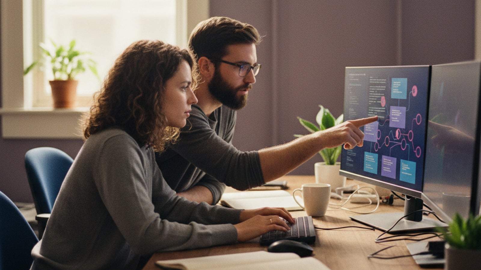 Two engineers intently collaborate on a laptop, configuring a custom saas observability stack with structured logging on screen.