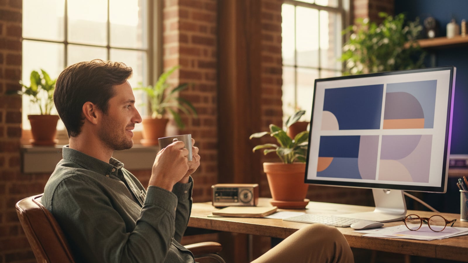 A calm CTO sips coffee, confidently viewing a clean, color-blocked dashboard on a monitor, showing clear saas observability insights.
