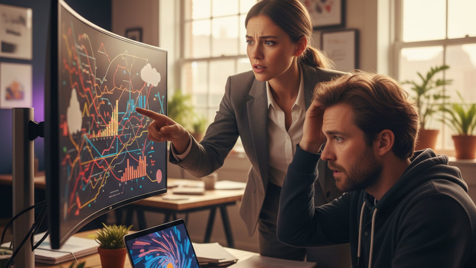 A finance and engineering team member look stressed at monitors, grappling with an unexpected stripe connect platform dispute liability flow.