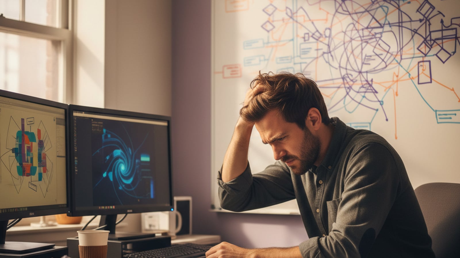 An engineer looks frustrated by complex flowcharts on a whiteboard, struggling with a tangled stripe credit pool problem.