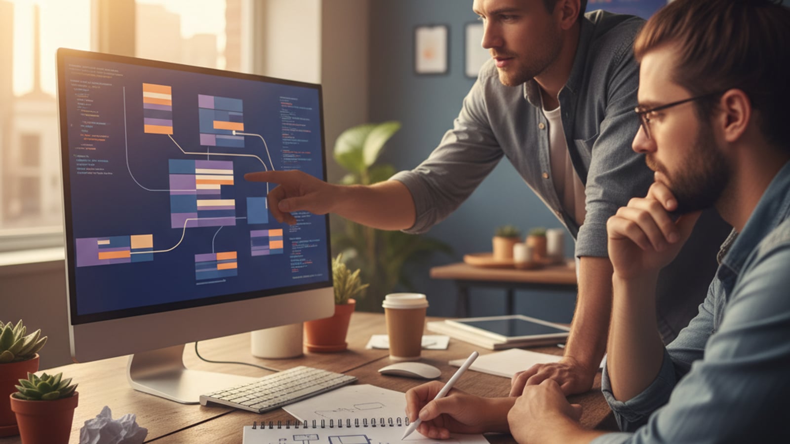 Engineers collaborate on a dual-pool ledger pattern, pointing at abstract data structures on a monitor to manage stripe credit pools.