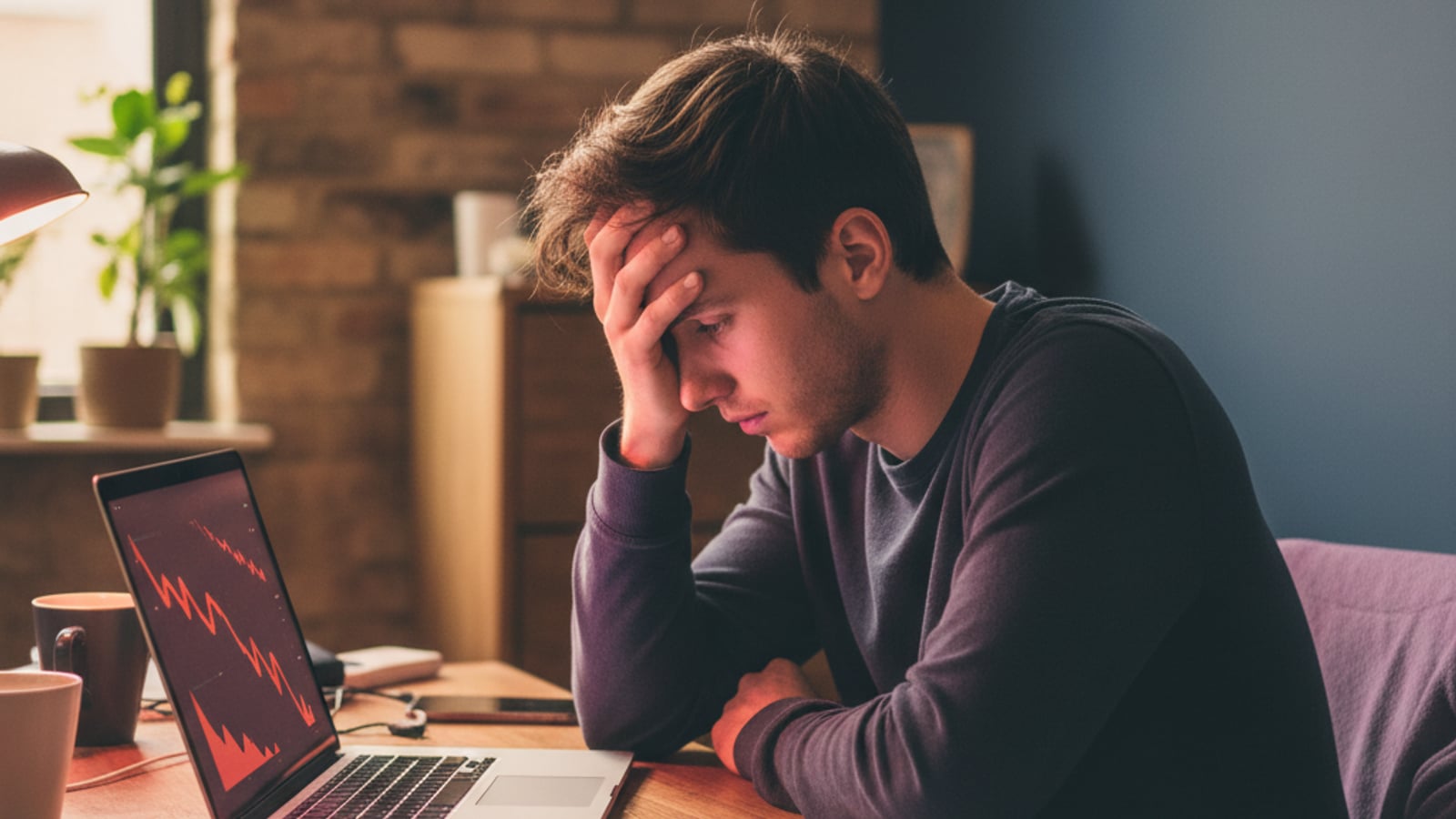 A startup founder looks distressed at a laptop showing abstract, red downward-trending graphs, symbolizing the pain of uncontrolled SAAS churn.