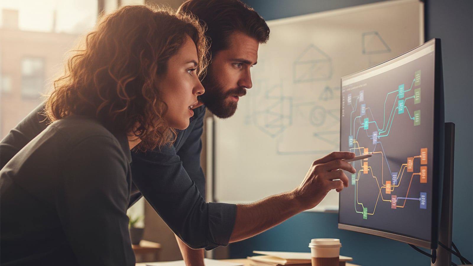 Two engineers intensely collaborate, pointing at a large monitor displaying an abstract, colorful data flow diagram for a SAAS Stripe dunning recovery state machine.