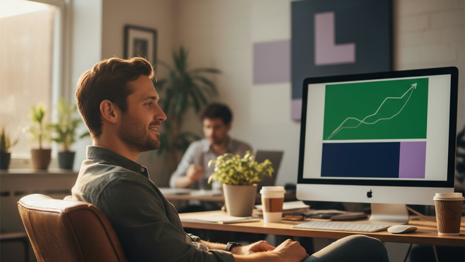 A confident startup founder gazes calmly at a monitor, which displays a clear, color-blocked dashboard with abstract, upward-trending graphs, reflecting successful SAAS Stripe dunning recovery.