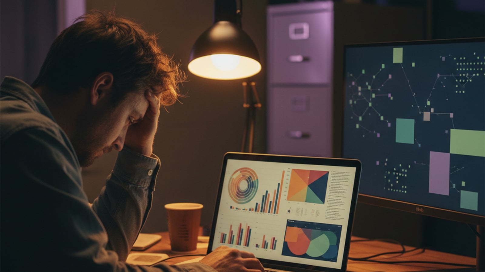 A stressed engineer confronts conflicting data on multiple screens, grappling with a complex stripe metered billing webhook reconciliation problem.