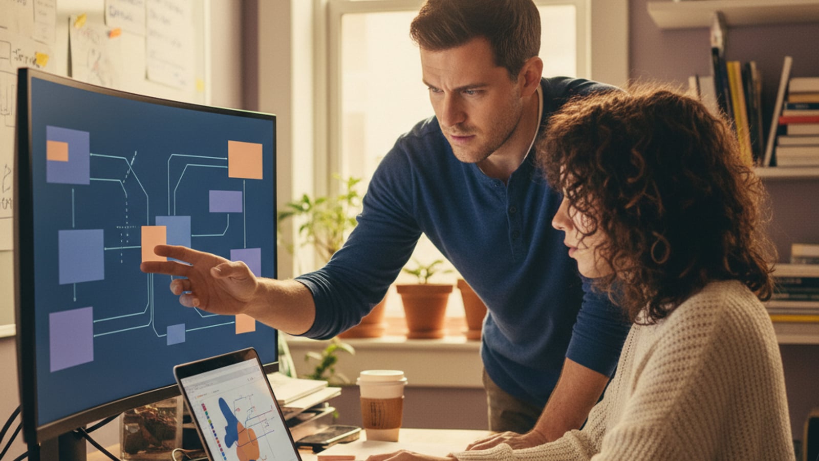 Engineers collaborate, designing an architectural solution with abstract diagrams for reliable stripe metered billing webhook reconciliation.