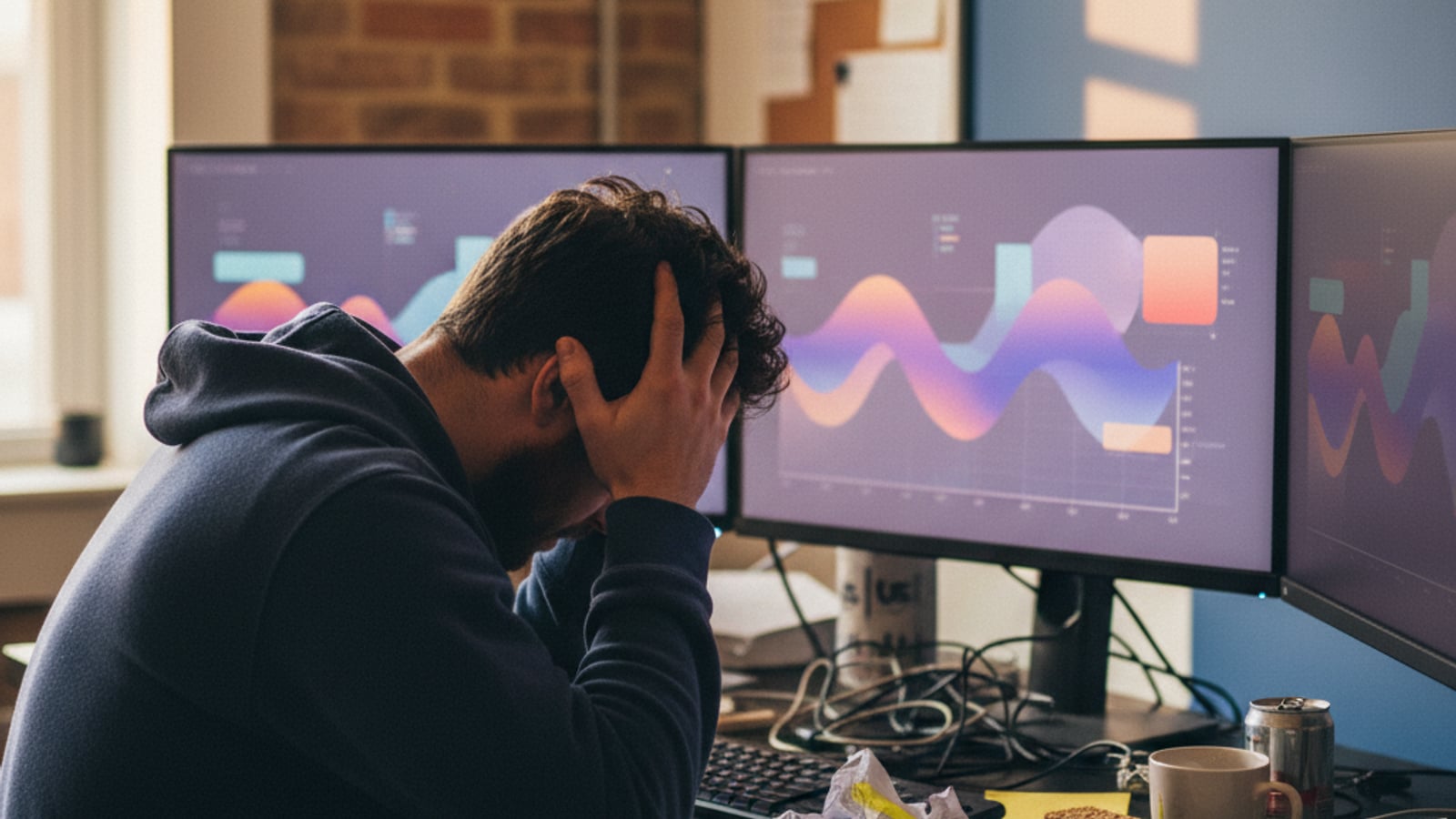A software engineer, head in hands, studies multiple screens displaying complex financial data, overwhelmed by Stripe subscription proration edge cases.